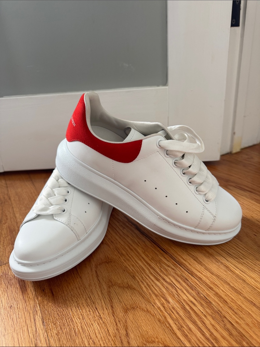 Alexander McQueen White Leather Sneakers with Red Heel Accent - Picture 2 of 4